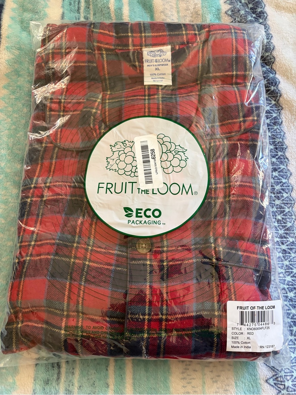 Fruit of the Loom Men’s XL Red Plaid Men’s Pajama Set LS Shirt and Pant NEW